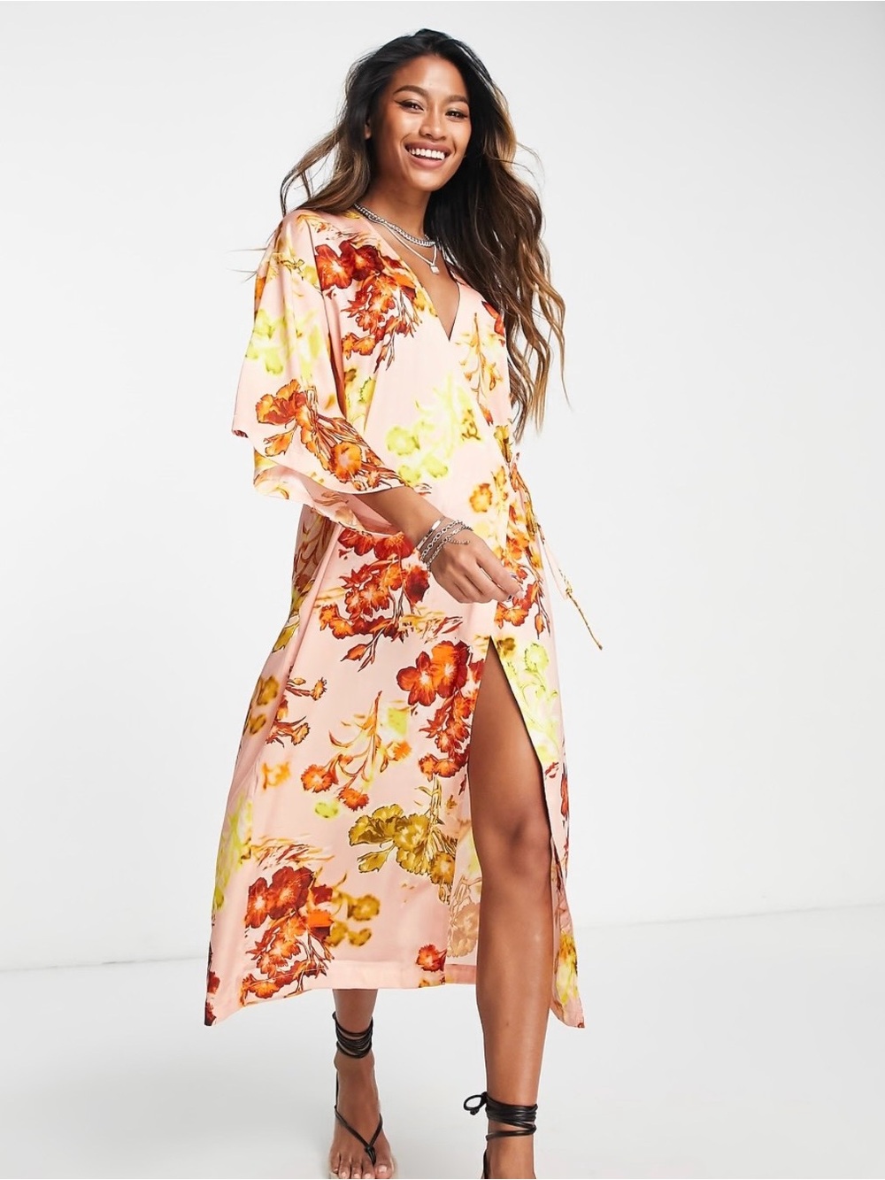 Topshop Peach Floral Wrap Midi Dress with Orange & Yellow Accents